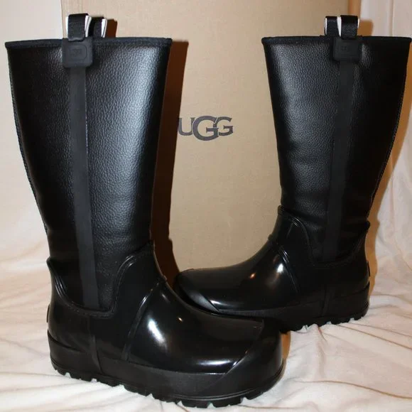 NIB UGG RAINCLOUD TALL LEATHER SHEARLING LINED‎ WINTER RAIN BOOTS BLACK - Picture 3 of 7